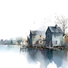 Fototapeta premium Lakeside Houses A Serene Watercolor Illustration of Waterfront Dwellings.