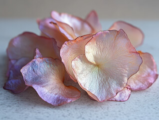 Delicate pink and iridescent flower petals are artfully arranged on light surface, showcasing their translucent beauty and soft texture. petals edges shimmer with subtle glow