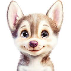 Fototapeta premium Adorable realistic baby husky with expressive eyes and cute smile, furry coat and alert ears