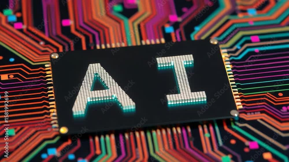 Poster a futuristic computer chip labeled ai rests on a vibrant, multicolored circuit board, symbolizing ar