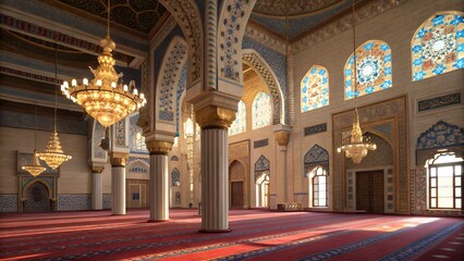 Obraz premium Grand mosque interior with ornate chandeliers and stained glass windows