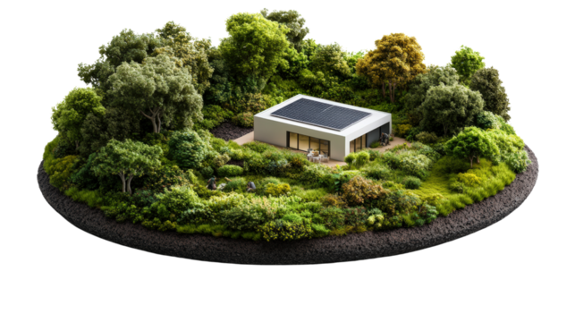 Modern eco-friendly house surrounded by lush green trees and landscaping with solar panels