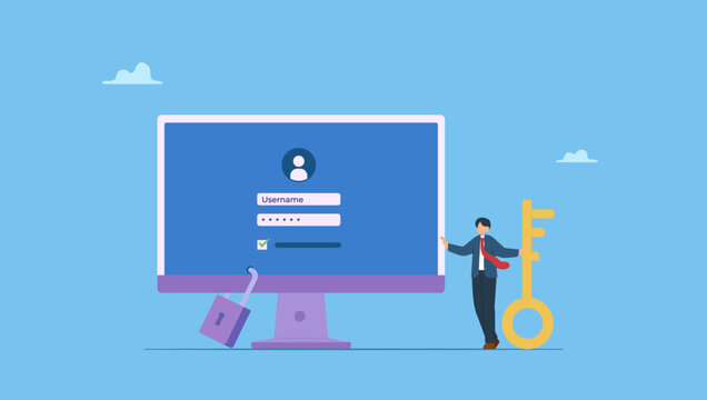 Businessman hold key with user account locked with strong lock pad. Strong password for cyber security, high protection and safety for login account, secure data privacy, online authentication.