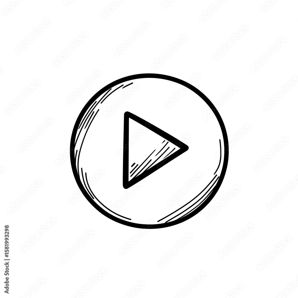 Poster hand drawn play button icon with textured doodle outline, simple multimedia symbol in circular frame