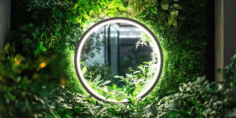 Obraz premium Circular mirror surrounded by lush greenery and modern design elements.