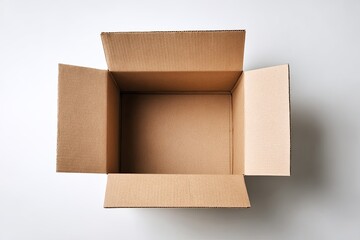An empty, light brown cardboard box sits open, revealing its empty interior against a white background; flaps extended