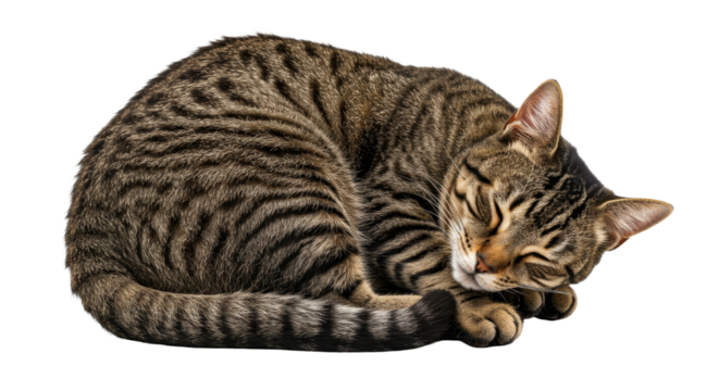 A curled up tabby cat sleeping peacefully with its eyes closed and paws tucked in isolated on transparent background