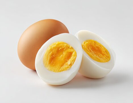A whole brown egg and a halved hard-boiled egg with a bright yellow yolk sit on a plain white background