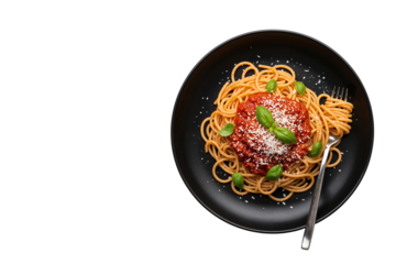 Perfectly plated spaghetti with rich tomato sauce, grated cheese, and fresh basil leaves on a dark dish, isolated on transparent background