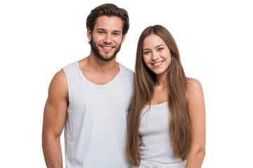 Fototapeta premium A joyful young couple, smiling warmly, standing together isolated on transparent background