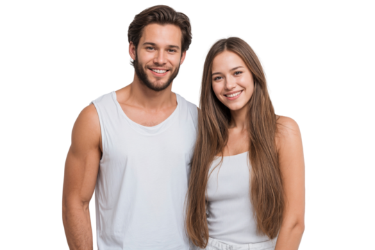 A joyful young couple, smiling warmly, standing together isolated on transparent background