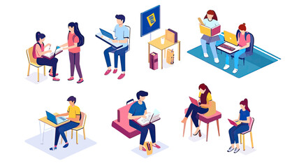 Fototapeta premium Isometric vector illustration of diverse college students studying with books and laptops in various seated poses isolated on white background, flat minimalist style