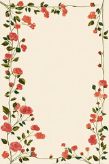 Vintage rose border design with blooming red flowers and green vines on a cream background
