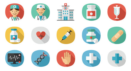 Collection of flat design icons representing various medical and healthcare elements.