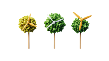 Three DIY tree-shaped clocks made from colorful artificial foliage with wooden bases and rotating clock hands