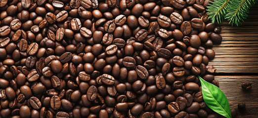 Fototapeta premium Coffee beans spread on wooden surface with green leaves and pine branches.