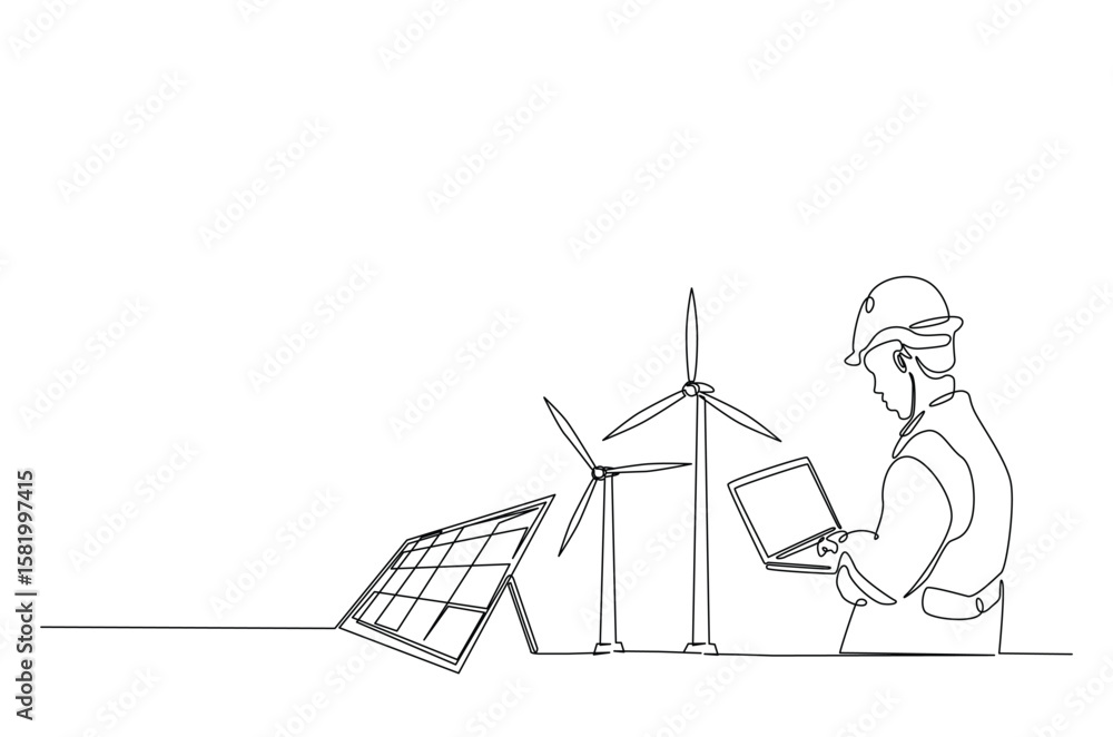 Poster engineer maintanence turbines wind generator with solar panel in continuous one line drawing. single