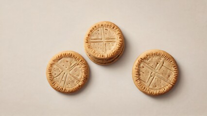 Three textured biscuits are arranged on a plain white background, with one stack and two individual biscuits