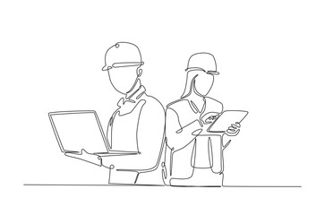 Male and female engineer works with notebook in continuous one line drawing. Single line art illustration of  worker holding electronic device.