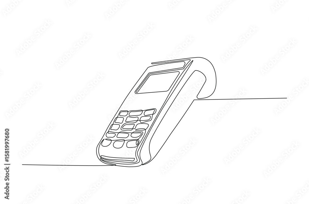 Poster edc payment device in continuous one line drawing. single line art illustration of payment pos termi