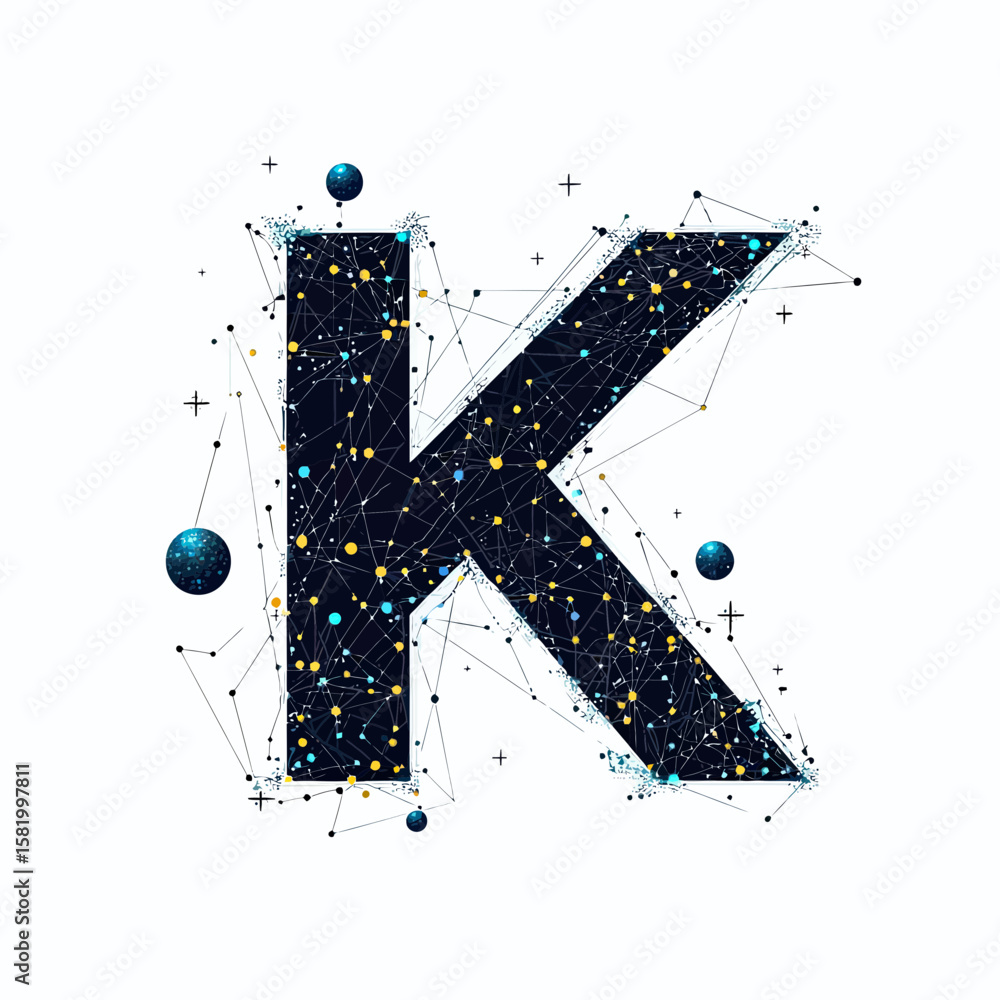 Poster letter k network connections with celestial spheres and starry space elements digital vector illustr