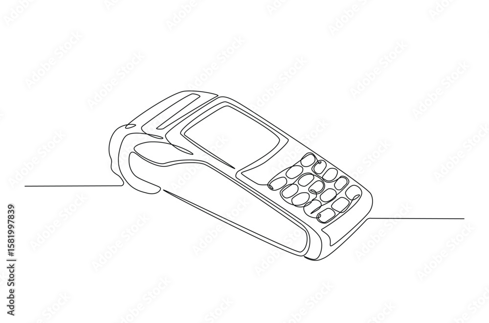 Poster edc payment device in continuous one line drawing. single line art illustration of payment pos termi