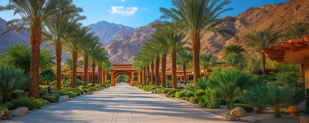 Obraz premium Stunning resort entrance surrounded by palm trees and mountains in desert landscape.