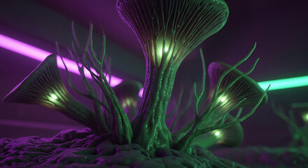 Glowing green mushrooms with neon lighting in a futuristic or alien environment