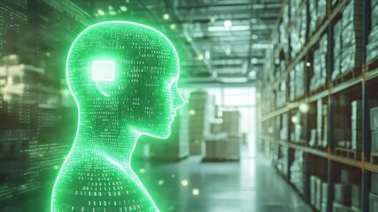 A glowing digital human head silhouette in a warehouse setting, conveying AI and technology - Powered by Adobe