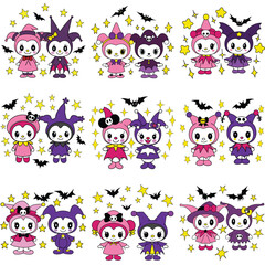 Cute kawaii Halloween characters in costumes with bats and stars