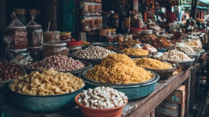 Street market stall with wide variety of dried pasta, beans and grains in large bowls creating rich authentic culinary atmosphere perfect for travel magazines and cooking-related content