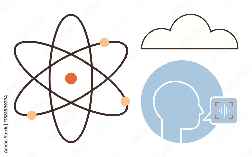 Poster atomic model, cloud, and voice recognition profile signify physics, ai, and data storage. ideal for 