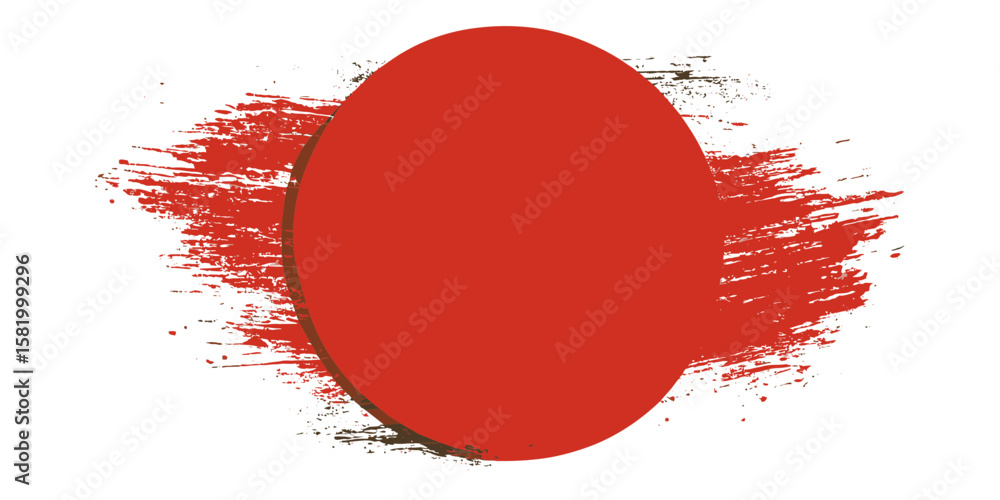 Poster grunge red brush stroke circle with rough texture and splatter effect in minimalist japanese sun fla