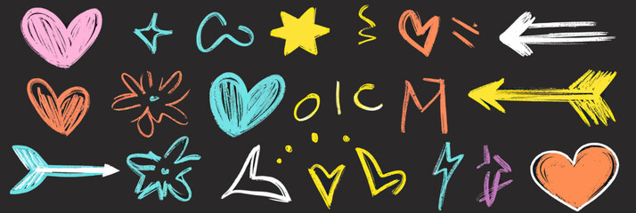 Hand drawn colorful hearts arrows stars scribbles sketch marker underline brush stroke elements on dark background for decoration and highlighting use
