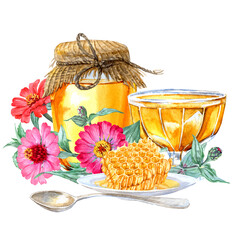 Honey and Zinnia flowers is a hand-painted watercolor composition