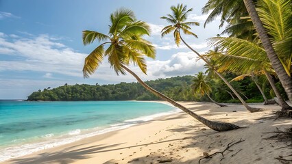 Idyllic tropical beach with turquoise water and leaning palm trees under a blue sky with clouds sandy beach