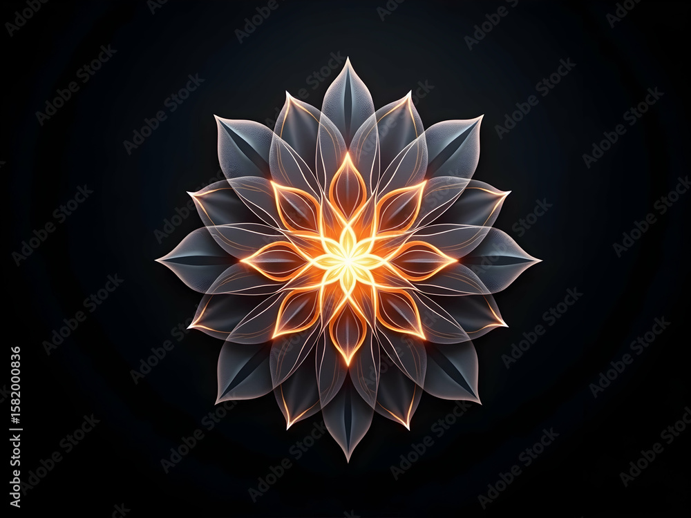 Poster intricately designed symmetrical lines converge to form a luminous, floral-like pattern radiating ou