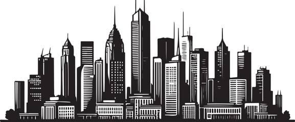 Black and white cityscape with diverse skyscrapers urban skyline