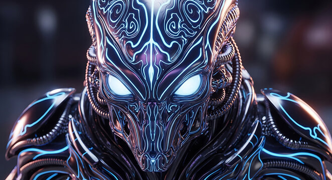 Detailed futuristic cybernetic being portrait displaying bioluminescent lighting and intricate metallic design