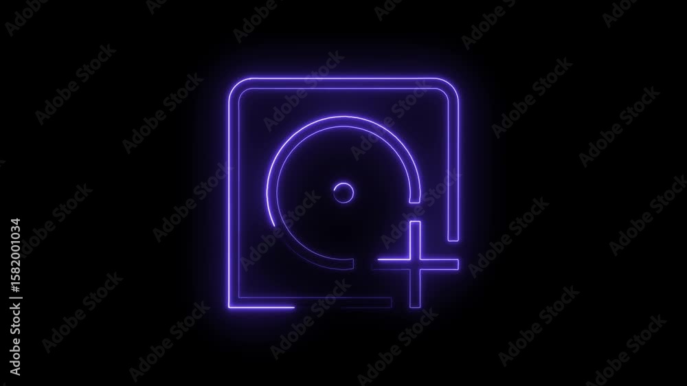 Poster neon add new disc icon animation on black background for digital storage concepts