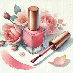 Open pink nail polish bottle with golden cap, paint stroke, and roses on textured white background. Watercolor illustration.