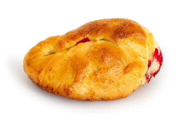 A pie with cherry jam on a white background. A close-up of a sweet pie.