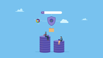 Obraz premium Business people working with computer laptop on database. Database system, data network management, security or search, cloud computing technology or file document archive, database administration.
