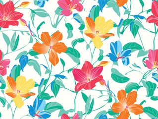 colorful Seamless pattern with flowers and leaves.