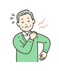 肩こりや肩の痛みで手を当てる高齢男性の上半身イラスト
