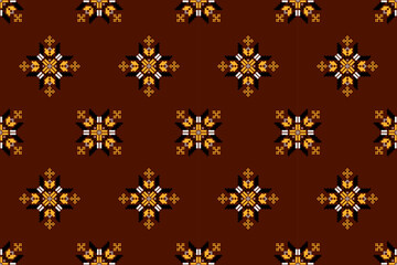 Warm ,earthy seamless pattern ,ethnic pixelated motifs in terracotta, golden yellow, and black on a rich brown background. Ideal for tribal-inspired textiles, rustic home decor, unique fashion,fabric 