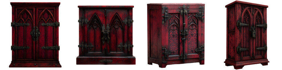 Gothic Style Wooden Cabinet Collection Isolated on White