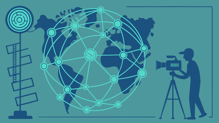Illustration of global network over world map with cameraman and antenna on teal background