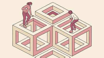 Two people navigating an impossible cube structure with open square centers and pink and beige colors