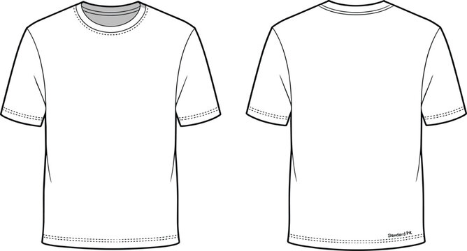 Basic short sleeve t-shirt flat sketch front and back view, blank white tee vector, unisex casual fashion apparel template
